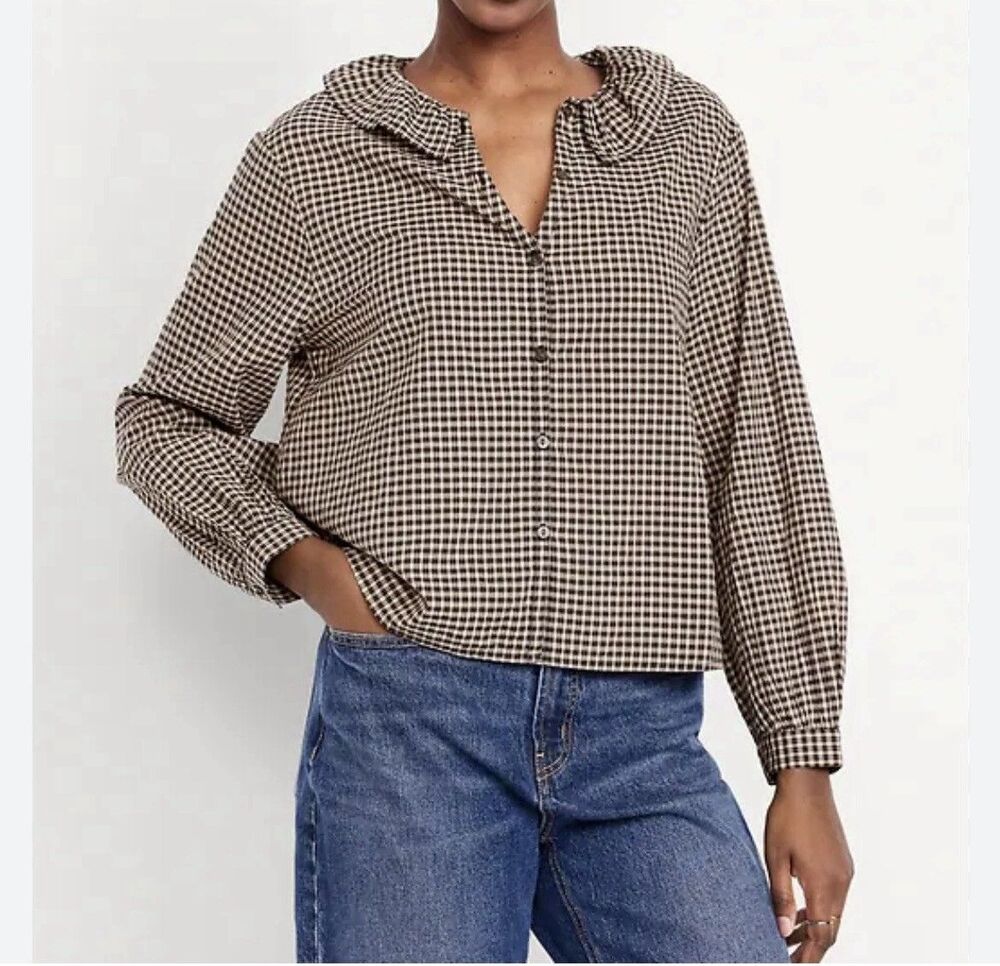 Old Navy Gingham Ruffle Collar Blouse Womens Medium Button Front Long Sleeve